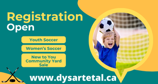 Teal background with four yellow rounded rectangles containing the youth soccer, women's soccer and New words,to You Community Yard Sale.